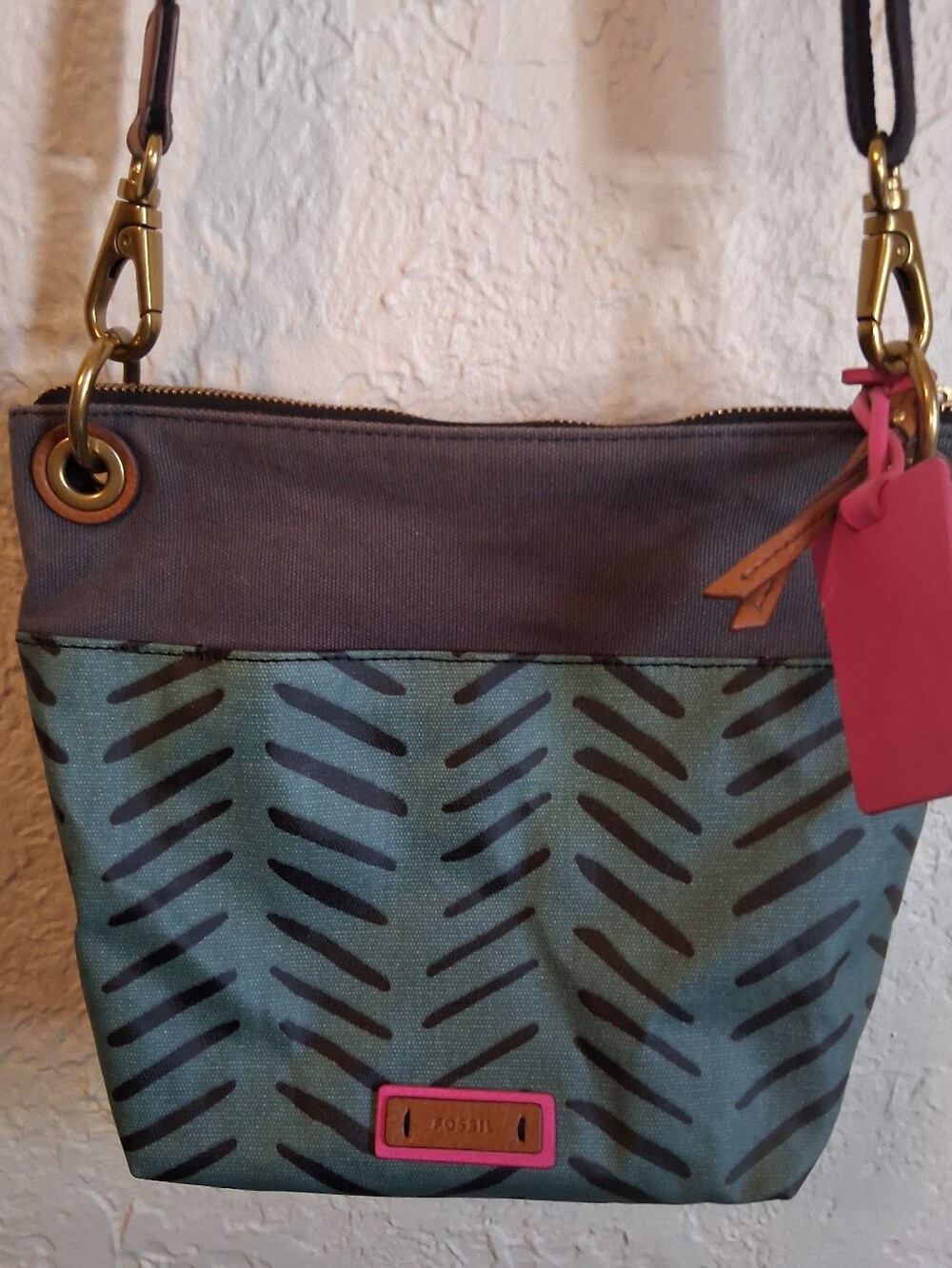 Fossil Teal Crossbody Canvas Bag with Gray Top and Pink Accents and Charms